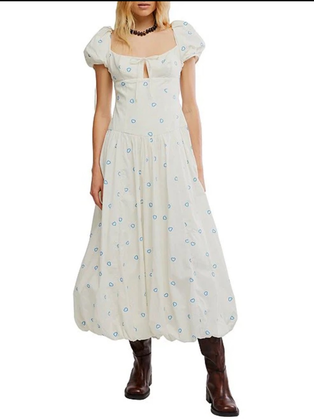 Free People Bali Sprinkled Embossed Heart Short Puff Sleeve Dress Sz 2 Tofu NWT